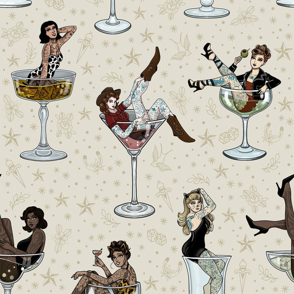 Cream Cocktail Girls wallpaper pattern with vintage pin-up figures in cocktail glasses and tattoo illustration details