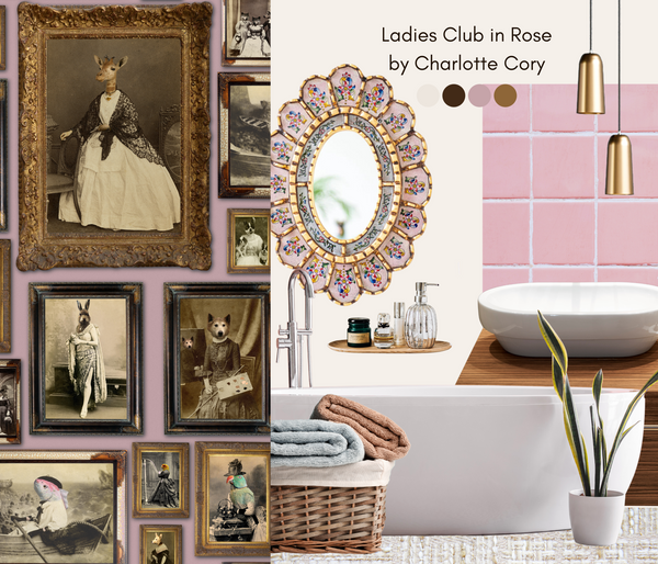 Rose pink portrait gallery wallpaper moodboard with bathroom styling, brass pendant lights, pink tiles and decorative mirror