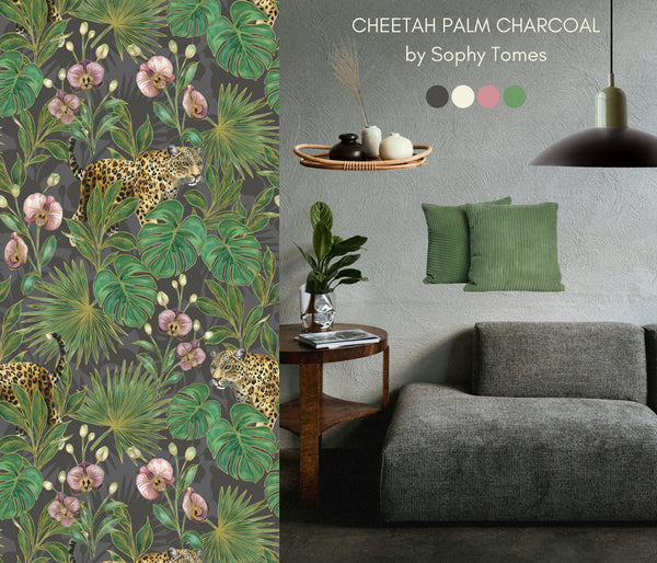 Cheetah Palm Charcoal Wallpaper