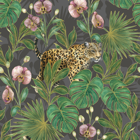 Cheetah Palm Charcoal Wallpaper