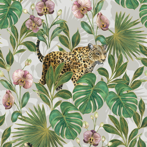Cheetah Palm Cream wallpaper by Sophie Tomes featuring a spotted big cat, green tropical palm leaves and purple orchids on a light cream background
