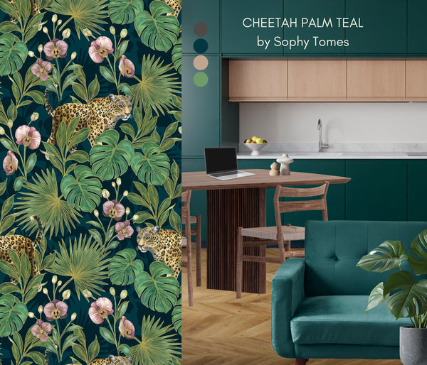 Cheetah Palm Teal Wallpaper