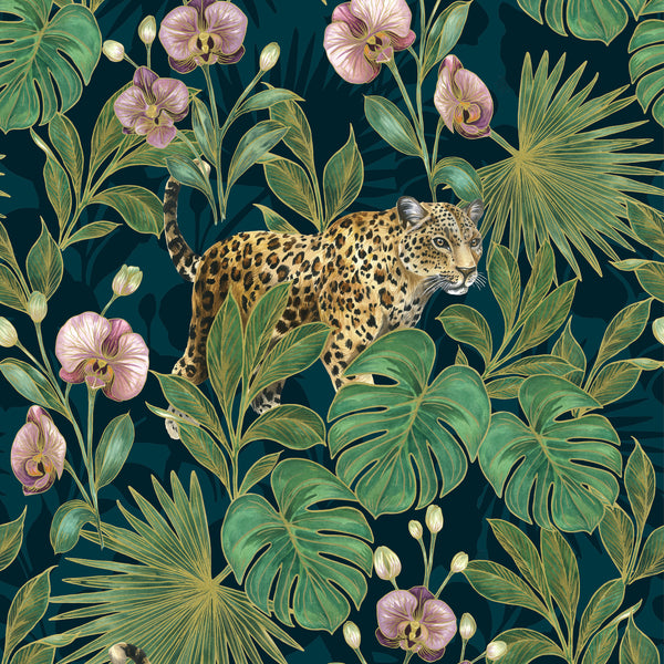 Cheetah Palm Teal Wallpaper