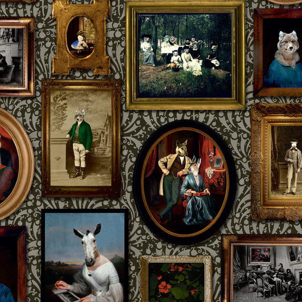 Charcoal gallery wall wallpaper with ornate antique frames, Victorian animal portraits and sepia artworks
