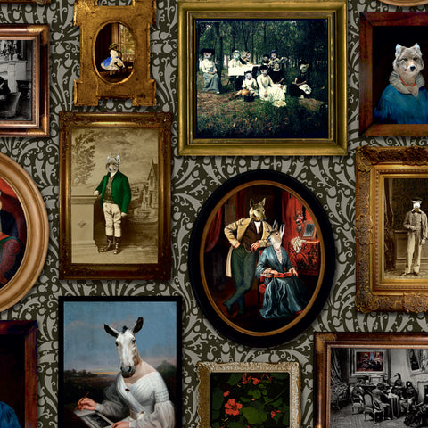 Dark gallery wall wallpaper with framed animal portraits in a hallway with white door and panelling