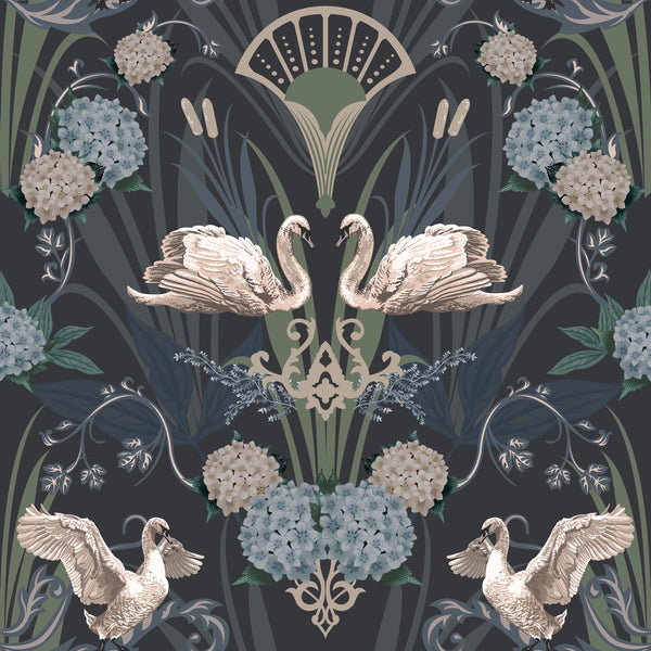 Deco Swan Wallpaper Blue