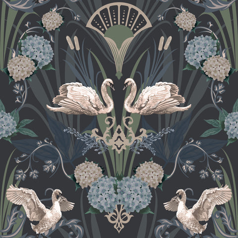 Deco Swan Wallpaper Blue