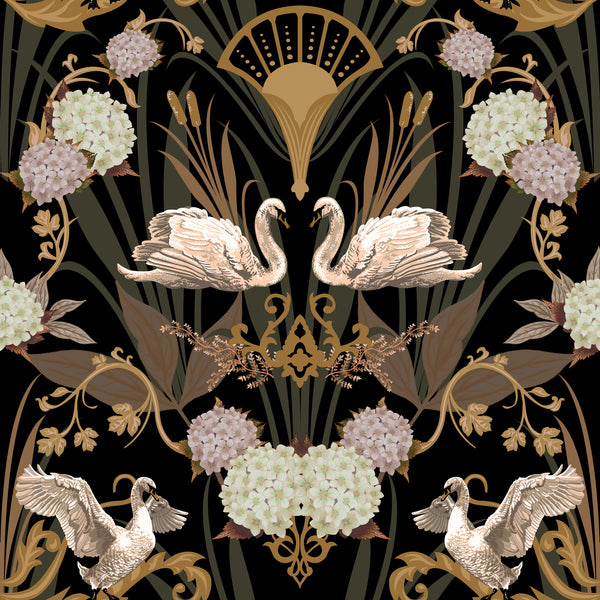 Deco Swan Wallpaper Charcoal