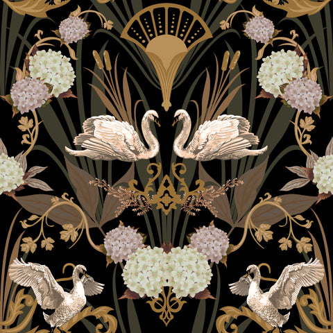 Deco Swan Wallpaper Charcoal