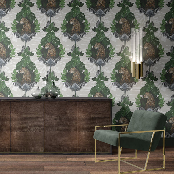 Cream floral leopard wallpaper used as a luxury feature wall with botanical animal print and elegant neutral styling