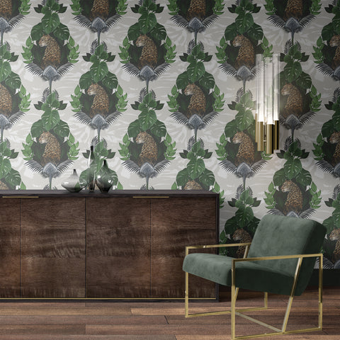 Cream floral leopard wallpaper pattern with hand-painted leopard, oversized flowers and exotic botanical details