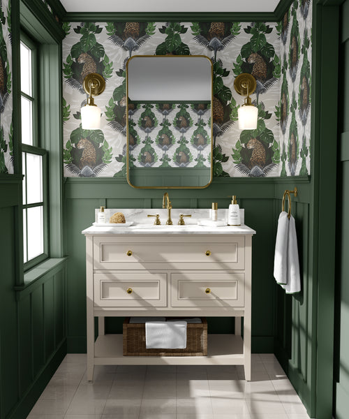 Cream floral leopard wallpaper used as a luxury feature wall with botanical animal print and elegant neutral styling