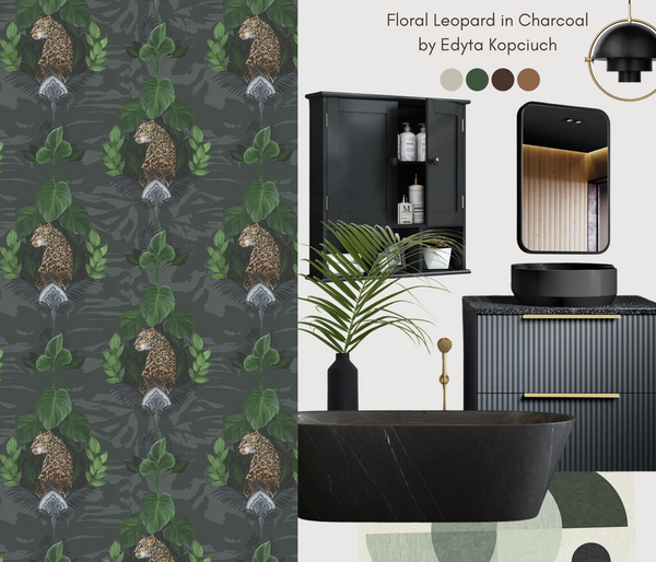 Charcoal floral leopard wallpaper used as a dramatic feature wall with dark botanical animal print and luxury interior styling