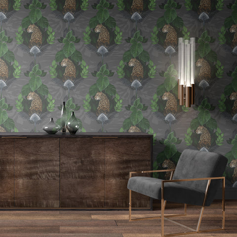 Charcoal floral leopard wallpaper pattern with hand-painted leopard, oversized flowers and dark exotic botanical details