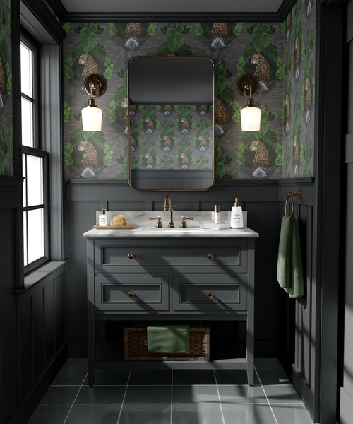 Charcoal floral leopard wallpaper used as a dramatic feature wall with dark botanical animal print and luxury interior styling