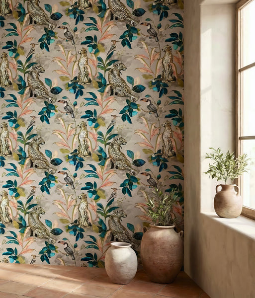 Cheetah wallpaper in a room with plants and a window.