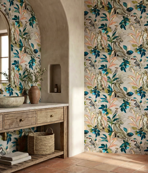 Bathroom with Cheetah wallpaper featuring leopards and birds.