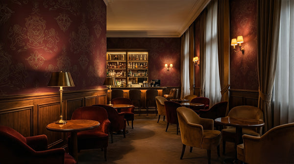 Dramatic interior of a bar or lounge with dark wood paneling, vintage decor, and soft lighting.