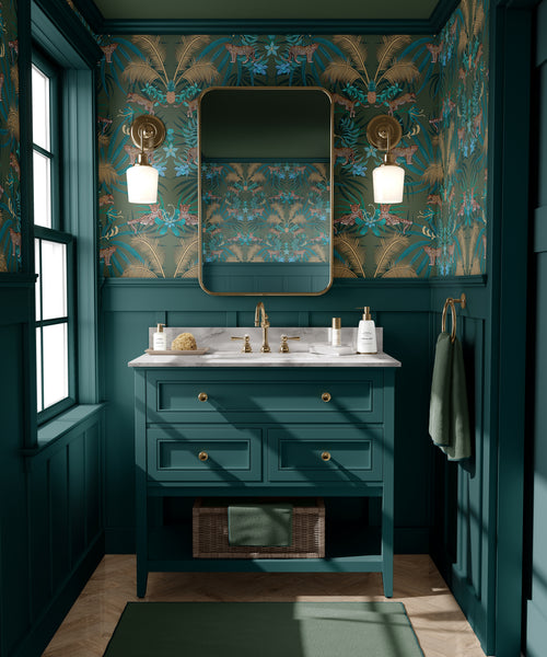 Green Leopard Luxe wallpaper used as a luxury statement wall with golden palms and tropical animal print design