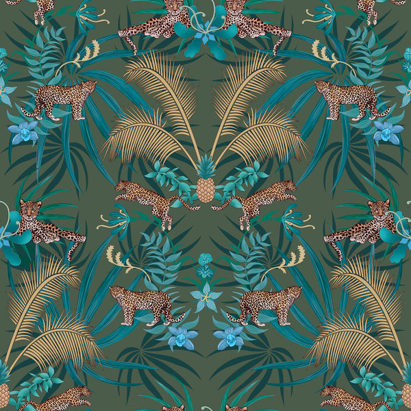 Green leopard wallpaper pattern with leaping leopards, golden palm leaves, pineapples and tropical foliage