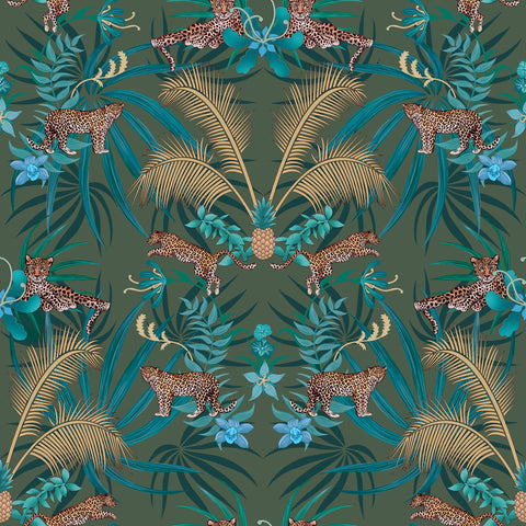 Green leopard wallpaper pattern with leaping leopards, golden palm leaves, pineapples and tropical foliage