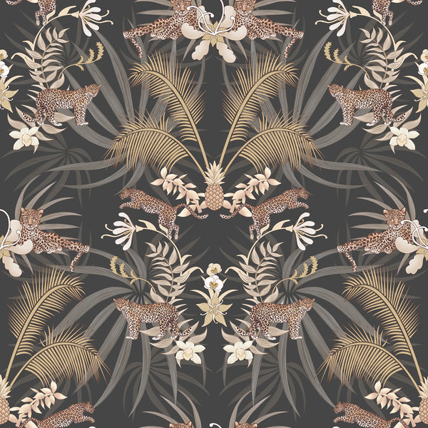 Charcoal leopard wallpaper pattern with leaping leopards, golden palm leaves, pineapples and tropical foliage