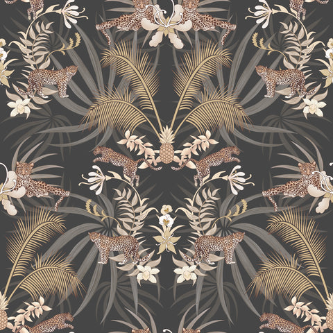 Charcoal Leopard Luxe wallpaper used as a dark luxury statement wall with golden palms and animal print design