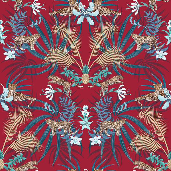 Red leopard wallpaper pattern with leaping leopards, golden palm leaves, pineapples and tropical foliage