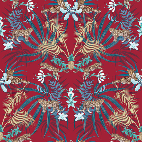 Red leopard wallpaper pattern with leaping leopards, golden palm leaves, pineapples and tropical foliage
