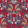 Red leopard wallpaper pattern with leaping leopards, golden palm leaves, pineapples and tropical foliage