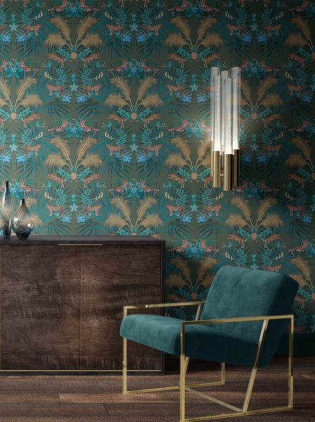 Green leopard wallpaper pattern with leaping leopards, golden palm leaves, pineapples and tropical foliage