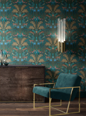 Green leopard wallpaper pattern with leaping leopards, golden palm leaves, pineapples and tropical foliage
