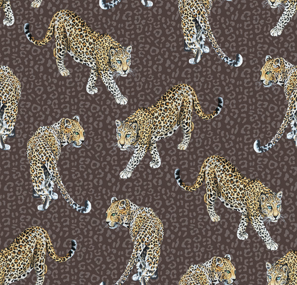 Brown leopard print wallpaper pattern with hand-painted prowling leopards on a warm tonal animal background