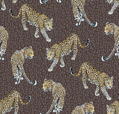 Brown leopard wallpaper used in a warm interior with natural wood, neutral textiles and classic animal print styling