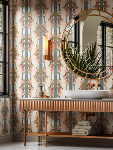 Leopard Stripe Blue wallpaper by Sophie Tomes featuring mirrored leopards, peach lilies, green foliage and dusty blue stripes