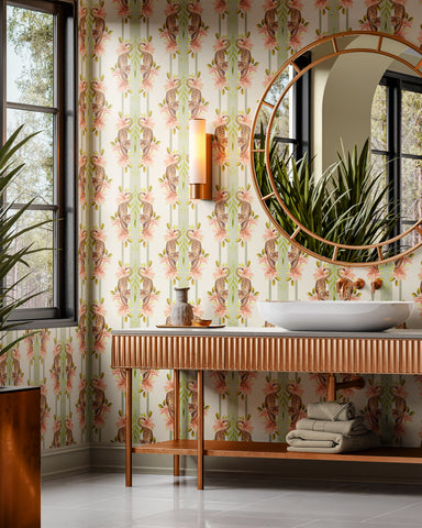 Leopard Stripe Green wallpaper by Sophie Tomes featuring mirrored leopards, peach lilies, green foliage and sage green stripes