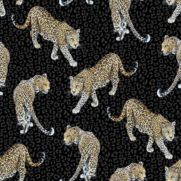 Charcoal leopard print wallpaper pattern with hand-painted prowling leopards on a dark tonal animal skin background