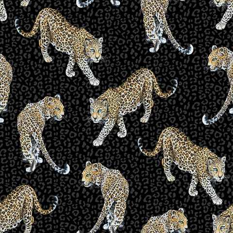 Charcoal leopard print wallpaper pattern with hand-painted prowling leopards on a dark tonal animal skin background