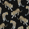 Charcoal leopard print wallpaper pattern with hand-painted prowling leopards on a dark tonal animal skin background