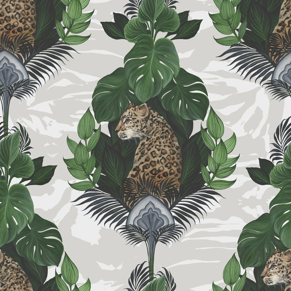 Cream floral leopard wallpaper pattern with hand-painted leopard, oversized flowers and exotic botanical details