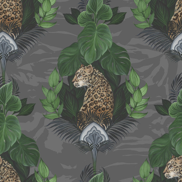 Charcoal floral leopard wallpaper pattern with hand-painted leopard, oversized flowers and dark exotic botanical details