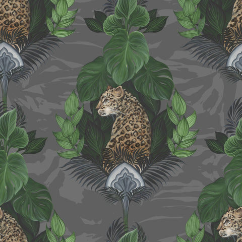 Charcoal floral leopard wallpaper pattern with hand-painted leopard, oversized flowers and dark exotic botanical details