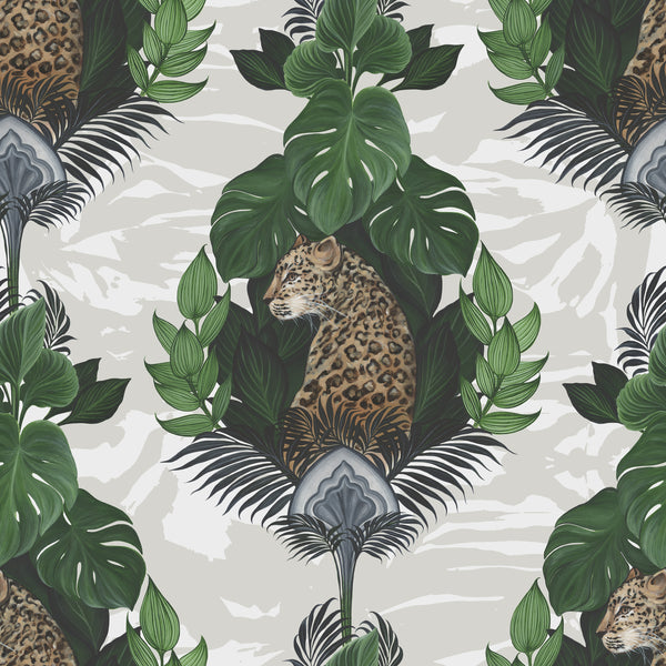 Cream floral leopard wallpaper pattern with hand-painted leopard, oversized flowers and exotic botanical details