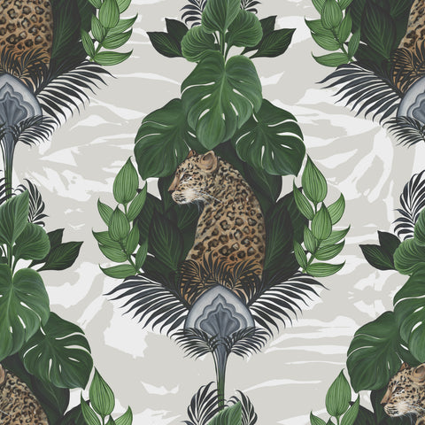 Cream floral leopard wallpaper pattern with hand-painted leopard, oversized flowers and exotic botanical details