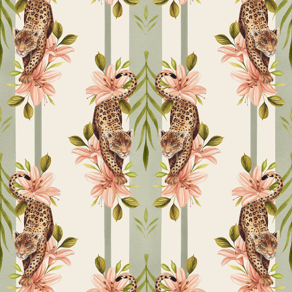 Leopard Stripe Green wallpaper by Sophie Tomes featuring mirrored leopards, peach lilies, green foliage and sage green stripes