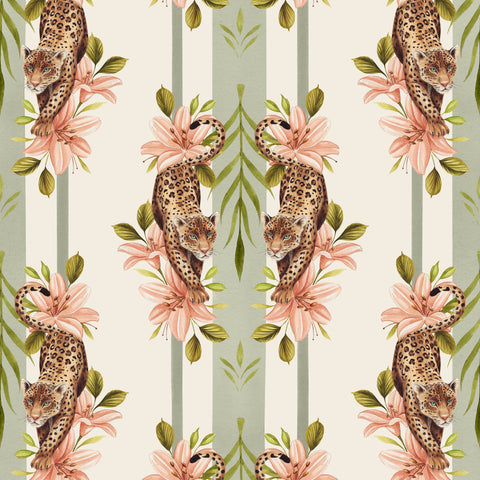Leopard Stripe Green wallpaper by Sophie Tomes featuring mirrored leopards, peach lilies, green foliage and sage green stripes