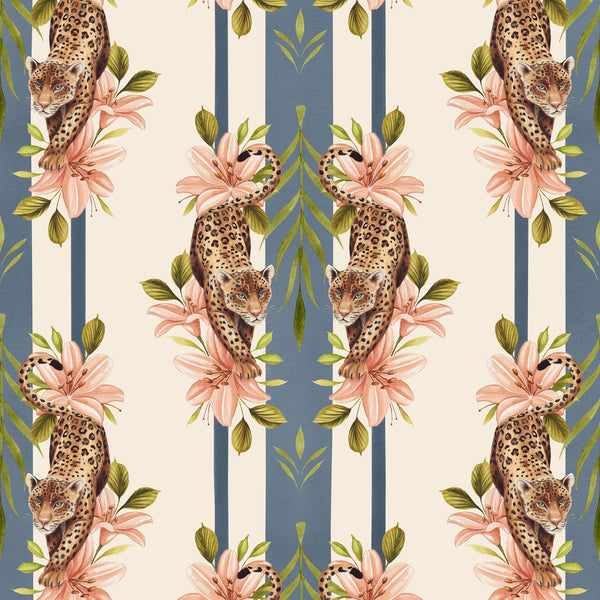 Leopard Stripe Blue wallpaper by Sophie Tomes featuring mirrored leopards, peach lilies, green foliage and dusty blue stripes