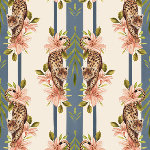 Leopard Stripe Blue wallpaper by Sophie Tomes featuring mirrored leopards, peach lilies, green foliage and dusty blue stripes