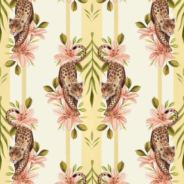 Leopard Stripe Yellow wallpaper by Sophie Tomes featuring mirrored leopards, peach lilies, green foliage and warm yellow stripes