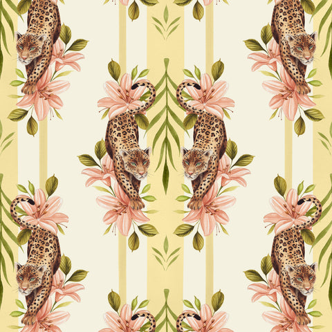 Leopard Stripe Yellow wallpaper by Sophie Tomes featuring mirrored leopards, peach lilies, green foliage and warm yellow stripes